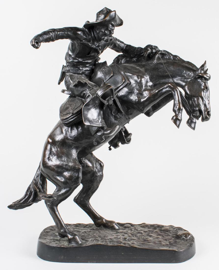 After Frederic Remington, Cowboy: Cowboy on Rearing Horse. Bronze, 20th century. Signed 'copyright Frederick Remington' and stamped 'Roman Bronze Works'. Height 22 inches. Notice to bidders: Condition reports and additional photograph