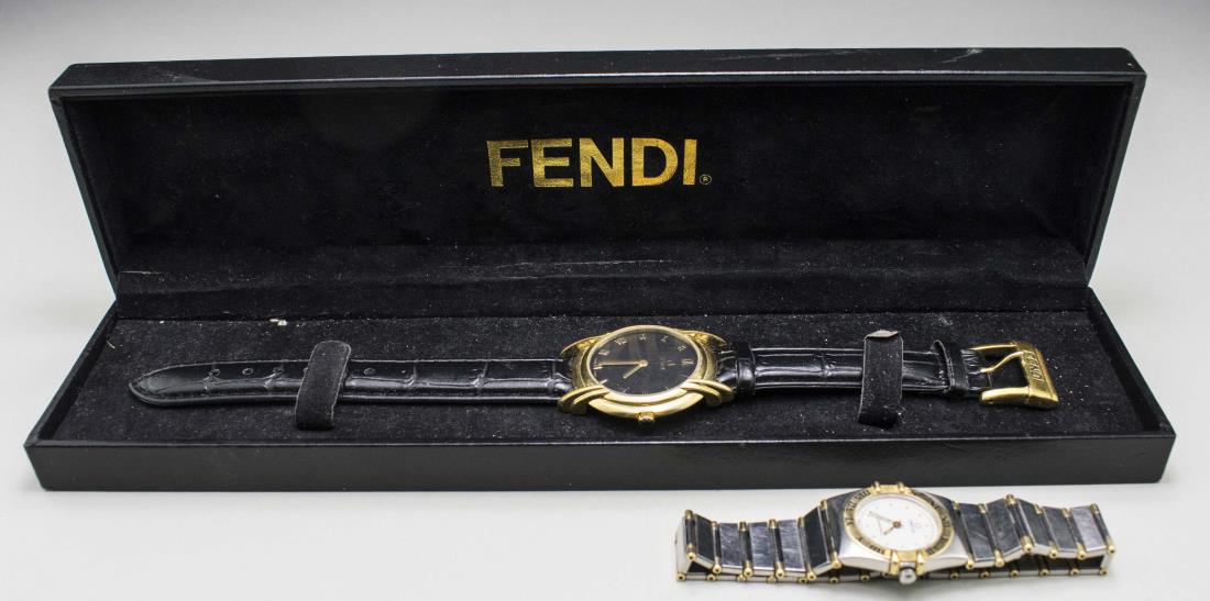 Omega and Fendi Wristwatches *: Omega Constellation with Roman numeral hours on th bezel and two tone stainless steel band; together with a Fendi fashion watch with black dial with Roman numerals and black leather band, in original