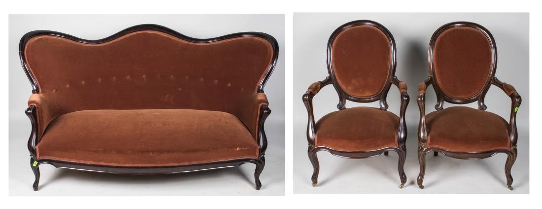 Victorian Parlor Suite: Comprising a settee and a pair of armchairs, each with brown velvet upholstery. Settee, height 38 inches, width 70 inches, depth 37 inches. Note: Being sold to benefit the Greek Orthodox Archdiocese o