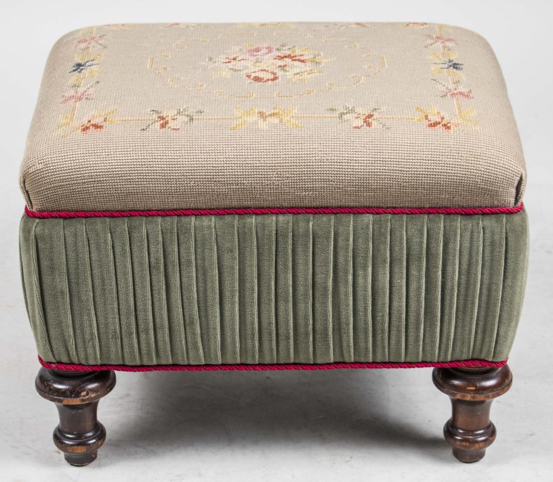Needlepoint Ottoman: Floral needlepoint upholstery, with pleated fabric panels, turned wood legs. Height 15 inches, width19 inches, depth15 inches. Notice to bidders: Condition reports and additional photographs are provi