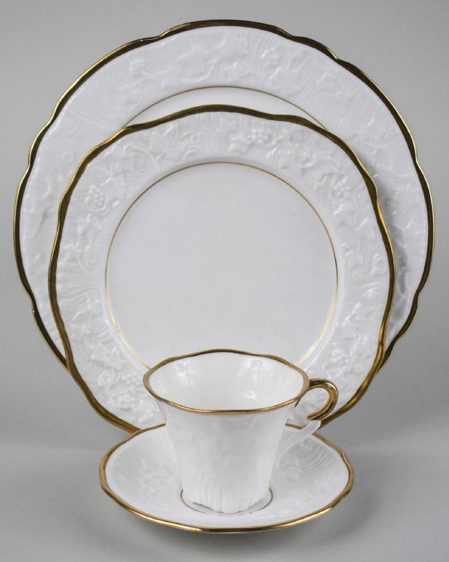 English Bone China Dinner Service: Old English Oak pattern comprising 9 dinner plates, 10 salad plates, 10 dessert plates, six cups and saucers, 2 oval serving platters, 1 relish tray, 1 water pitcher, 1 small coffee pot with milk jug 