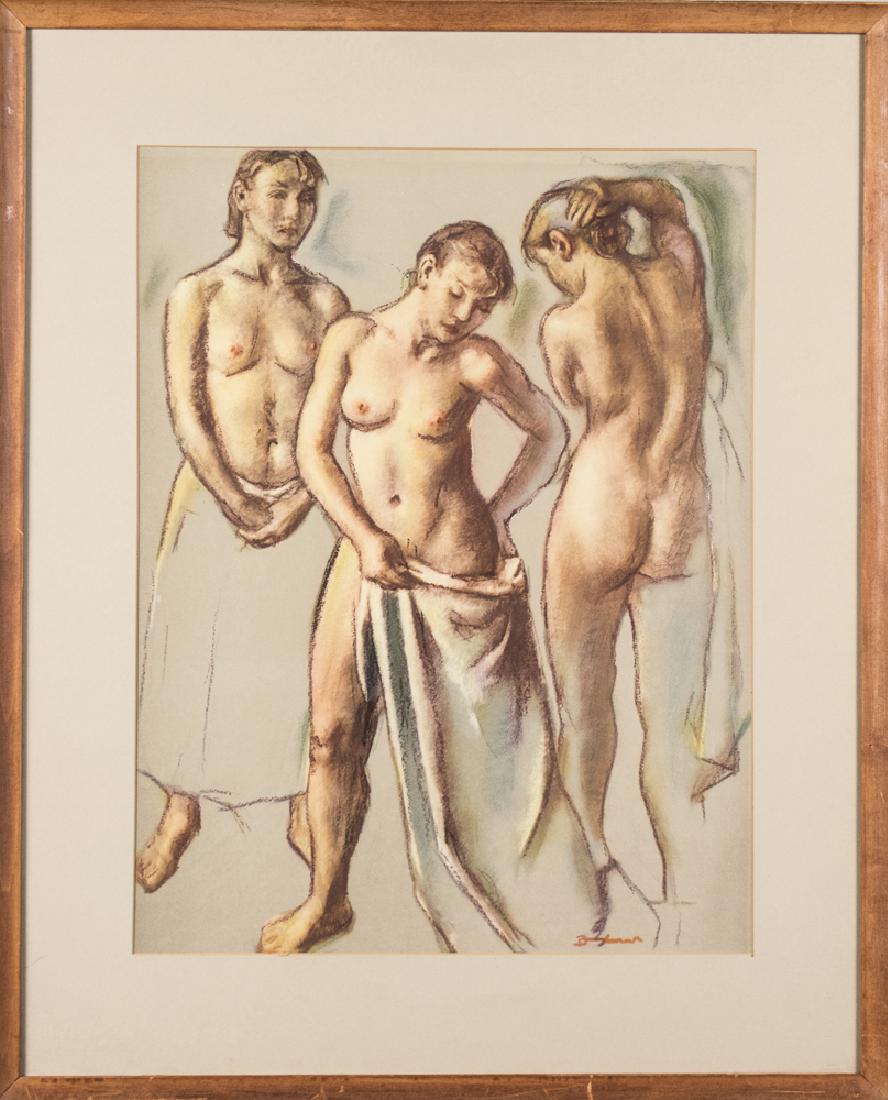 After Robert Brackman (American, 1898 - 1980) *: Three nudes. Reproduction. Sight size, 20 x 15 inches. Framed. Notice to bidders: Condition reports and additional photographs are provided by request as a courtesy to our clients, as such any conditi