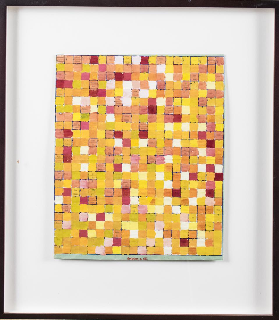 Stephen Dean (French, 1968 - ): Untitled (Crossword: Voici), 1995. Water and gouache on magazine print. Sheet size, 10 x 8.25 inches. Craig Cornelius Gallery label on the verso. Framed. Notice to bidders: Condition reports and addit