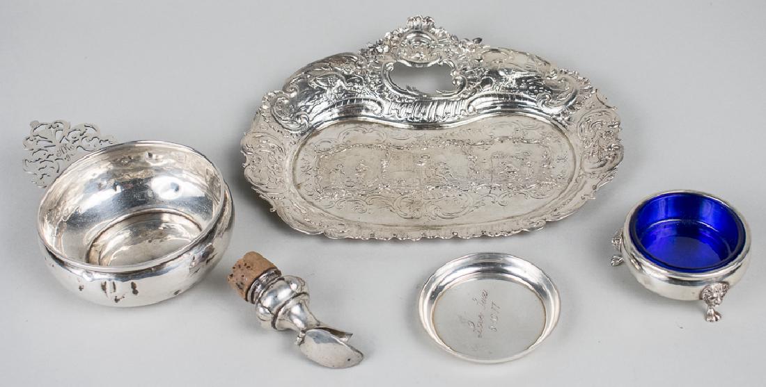Group of Silver Articles: Including a Continental silver dresser tray, a Tiffany & Co. sterling circular dish, Amston sterling salt cellar with cobalt liner, and a handled dish. Tray, length 08 3/4 inches, total 314 grams, wei