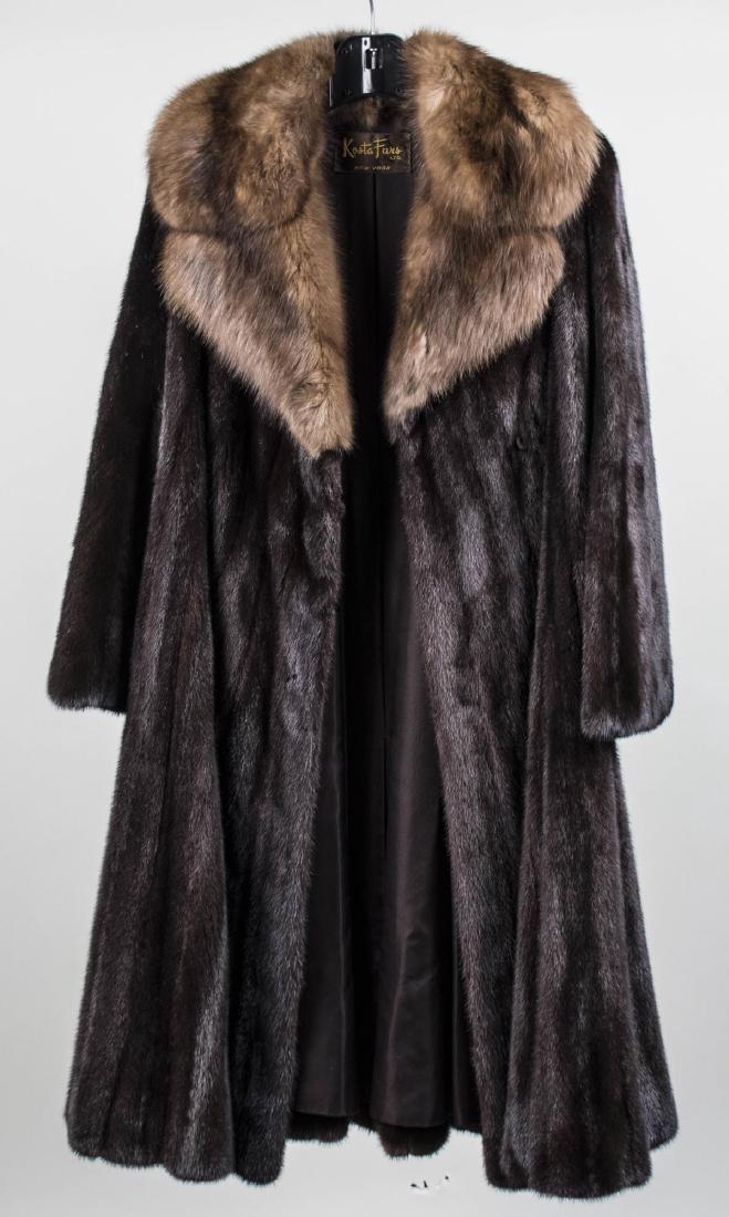 Kosta Furs Full Length Fur Coat: Natural Russian sable fur collar on a dark brown ranch mink full length coat. Size small. Notice to bidders: Condition reports and additional photographs are provided by request as a courtesy to our c
