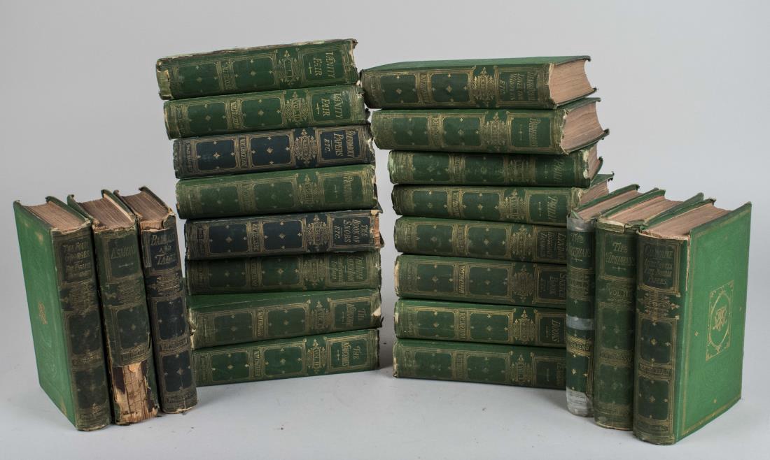 William Makepeace Thackeray: Works. London: Smith, Elder & Company, 1869. Twenty two volumes out of twenty four, some illustrated by Richard Doyle, including: Vanity Fair, The Virginians, Pendennis, Philip, The Newcomers, The Boo