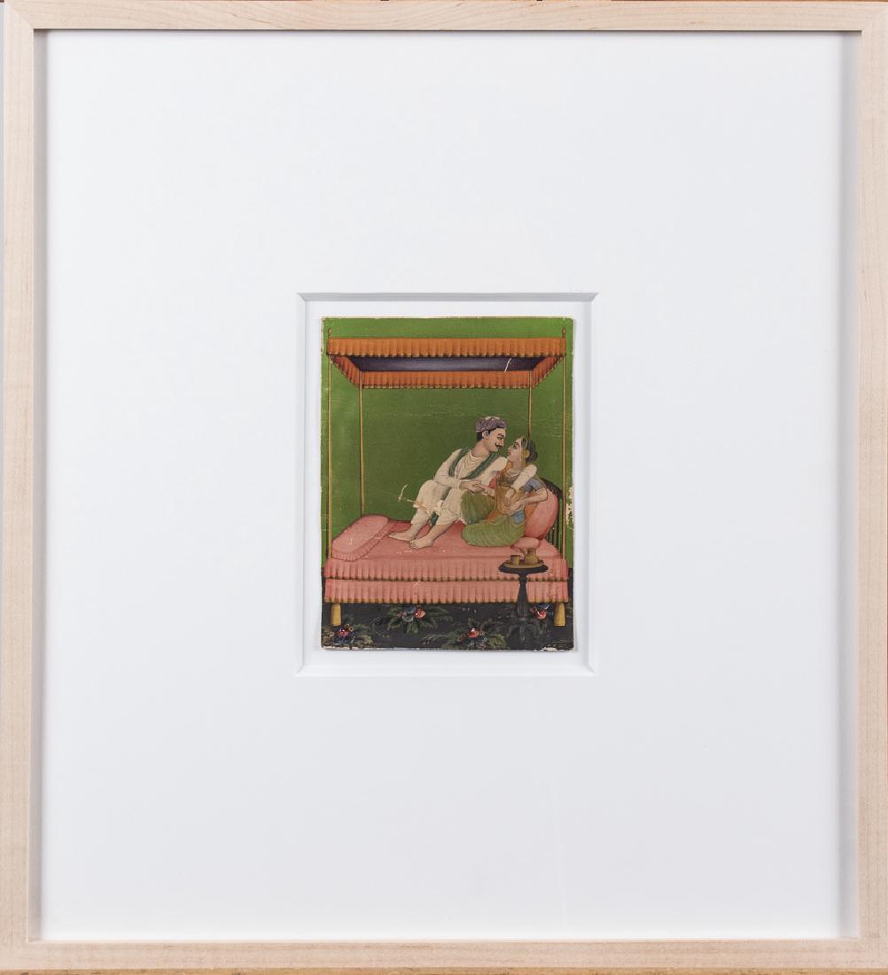 North Indian Painting: Untitled, Couple on bed holding hands. Paint on paper, 19th century. Work size, 6 x 4.5 inches. Jack Shainman Gallery label on the verso. Framed. Notice to bidders: Condition reports and additional ph