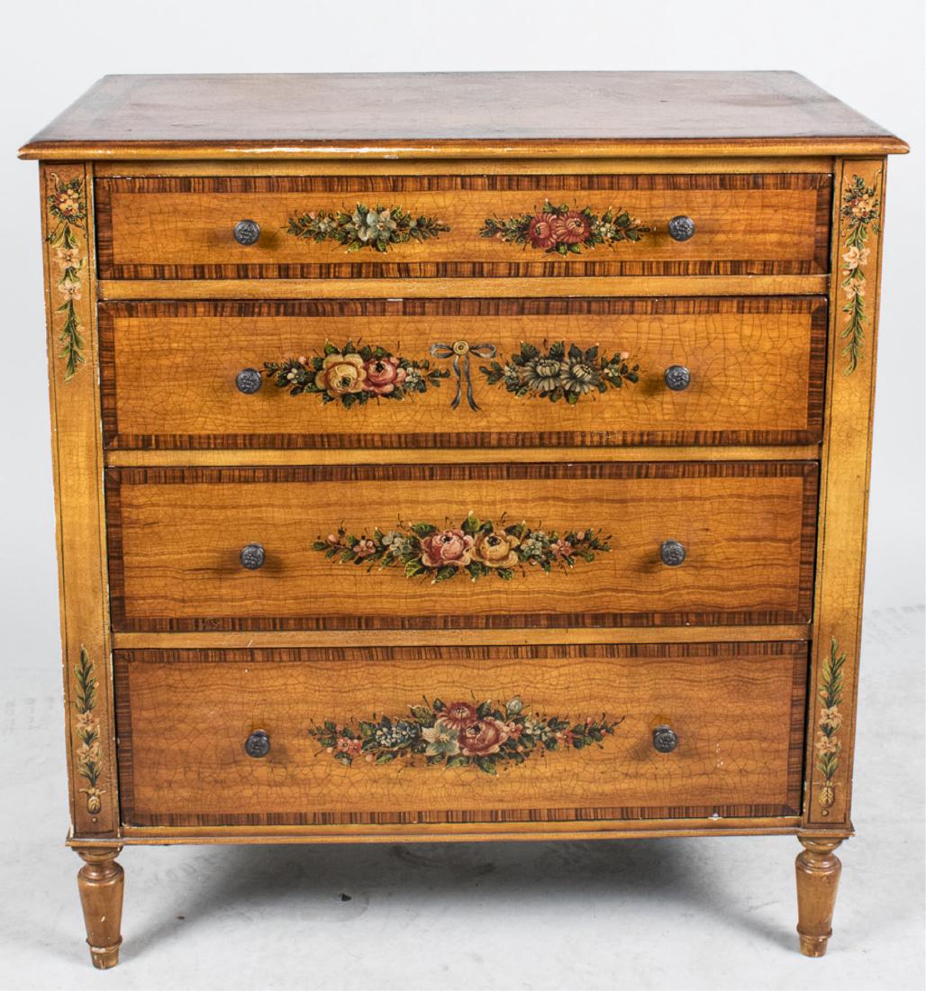 Edwardian Style Chest of Drawers: Rectangular top with painted scroll and urn decoration, above four graduated drawers with polychrome painted floral decoration, on turned tapered legs. Height 36 inches, width 34 inches, depth 20 inch