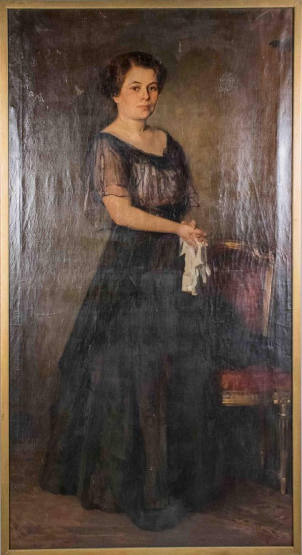 Full-Length Portrait of Woman Holding Opera Gloves: Statuesque brunette with brown eyes stands holding opera gloves. Oil on canvas. Signed 'Gedokowsky B. 1911'. Frame size 79 x 41 inches. Framed. Notice to bidders: Condition reports and additional phot