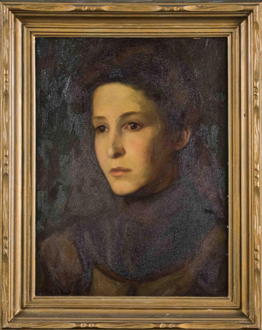 Portrait of Young Brunette Woman: Young woman with brown hair and brown eyes. Oil on artist board. Signed 'Lillie D. Bruckman' (LL). Frame size 20 x 15 1/2 inches. Framed. Notice to bidders: Condition reports and additional photograph