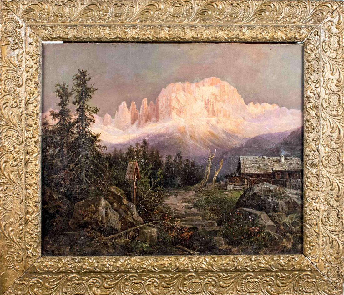 Sunset Mountain Landscape (20th Century): Landscape with cabin and clearing before mountain peaks glowing pink from light of sunset, probably 20th century. Oil on artist board. Unsigned. Frame size 25 x 29 1/2 inches. Framed. Provenance: Purc