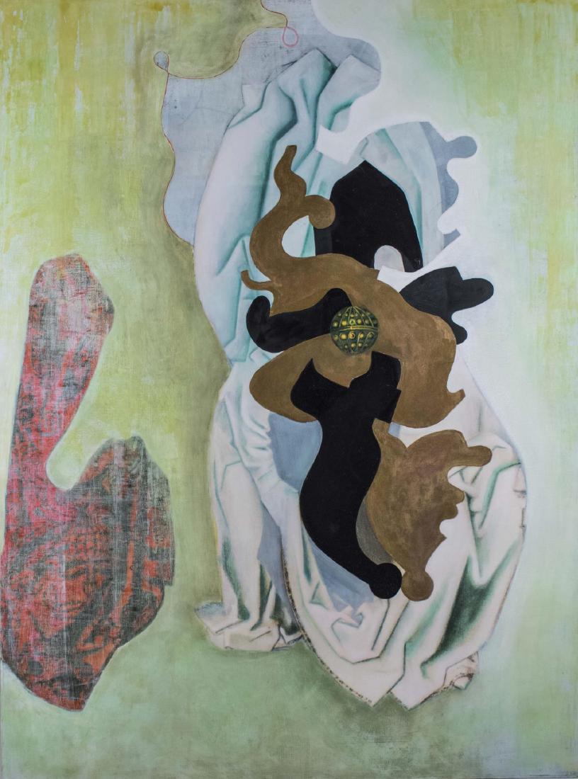 Emily Cheng (Chinese/American, b. 1953) *: A Constant Oscillation Between More & Less, 1990. Oil on canvas. Signed, titled and dated on verso. Canvas size 51 x 38 inches. Unframed. Provenance: Schmidt Dean Gallery, Philadelphia, PA Emily Cheng