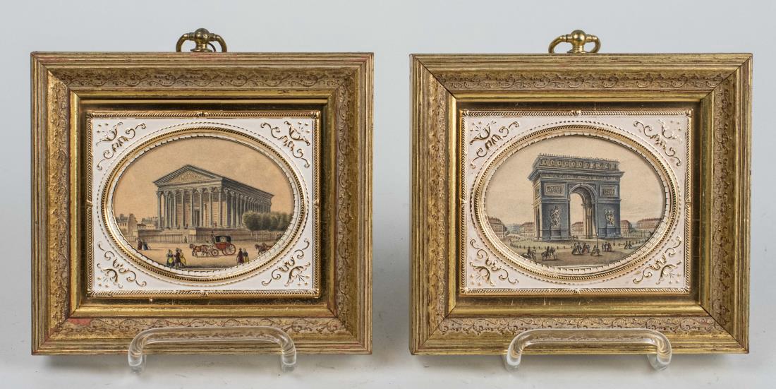 Prints of L'Arc de Triomphe, La Madeleine Church: Pair of reproduction prints of L'Arc de Triomphe and La Madeleine Church in Paris. Matted and framed. Frame size, 6 1/2 x 7 1/4 inches. Provenance: Sungott Art Studios, New York. Notice to bidders: Co
