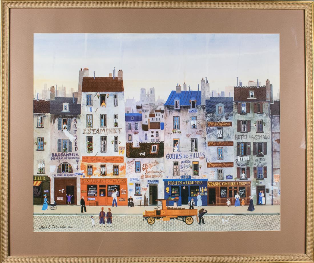 Michel Delacroix (French, b.1933): Au Bon Muscadet. Parisian street scene. Lithograph. Signed (LL). Print size 23 1/4 x 30 inches, frame size 35 1/2 x 37 1/2 inches. Matted and framed. Notice to bidders: Condition reports and additiona