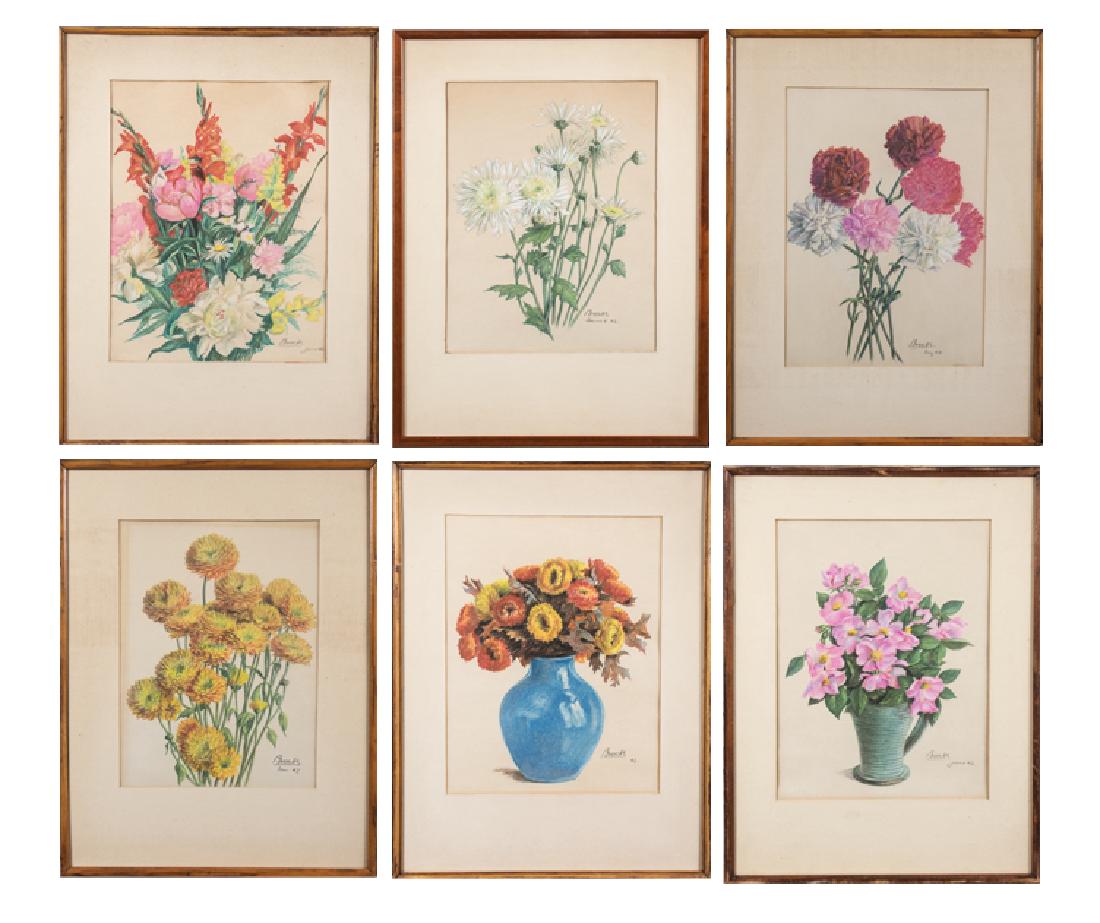 Gustav Brock Jr. (American, 1881-1945): Six drawings of various floral bouquets. Colored pencil on paper, 20th century. Signed Brock in pencil at bottom. Sight size 13 x 10 inches. Framed and matted. Notice to bidders: Condition reports and