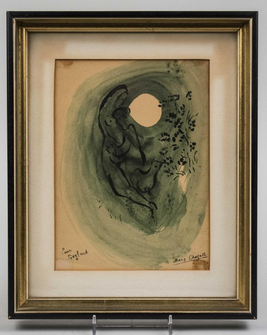 After Marc Chagall (Russian/French, 1887-1985): Couple embraces in a swirl of green. Print. Dedicated 'Pour Siegfried' (LL) and signed 'Marc Chagall' (LR). Sight size 9 x 6 1/2 inches, frame size 13 x 10 3/4 inches. Matted and framed. Notice to bid
