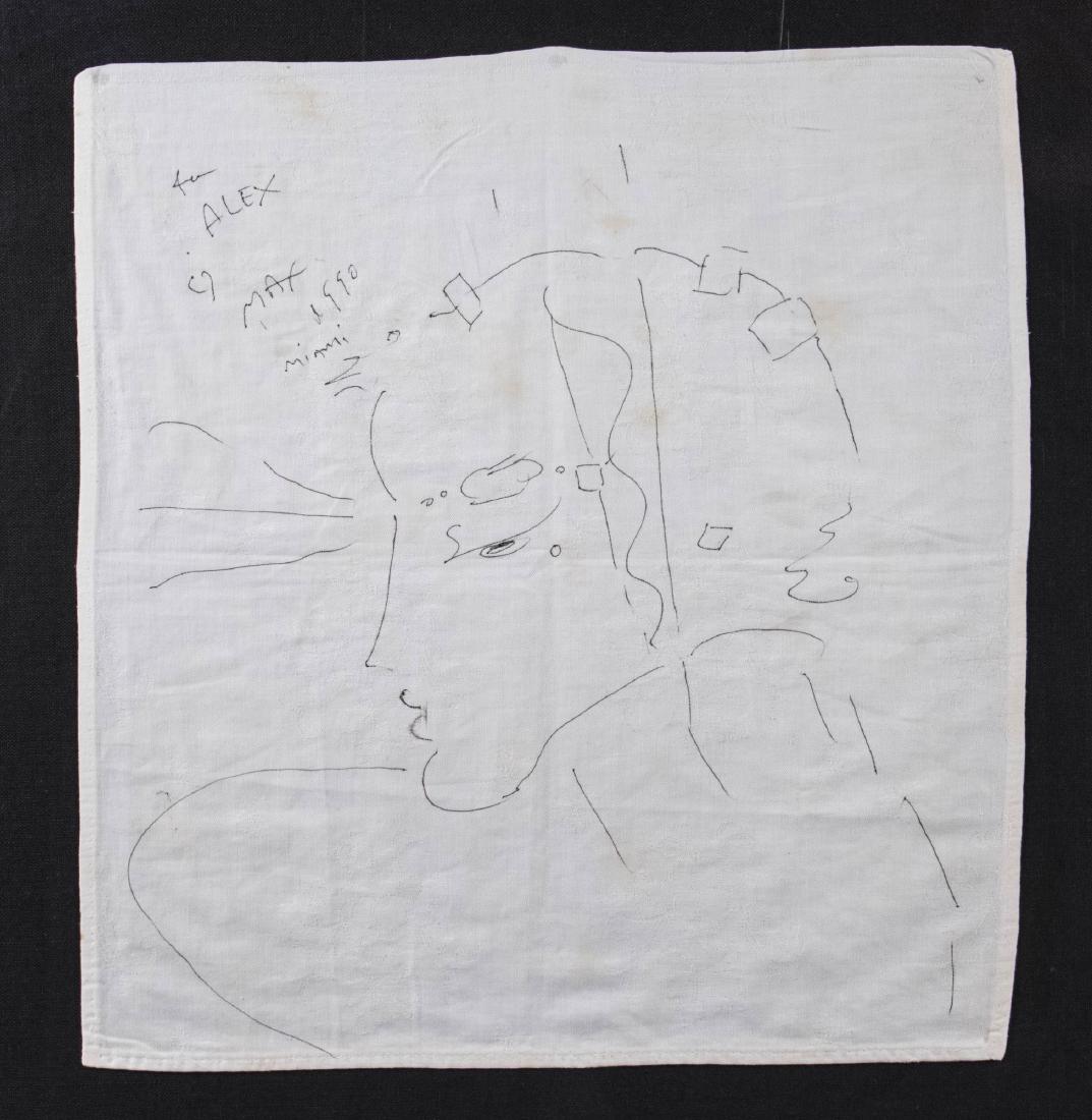 Peter Max (American, b. 1937): Profile drawing on a napkin. Ink on cloth, 1990. Signed and inscribed 'For Alex - Max 1990 Miami'. Size 19 x 17 1/2 inches. Framed. Notice to bidders: Condition reports and additional photographs are