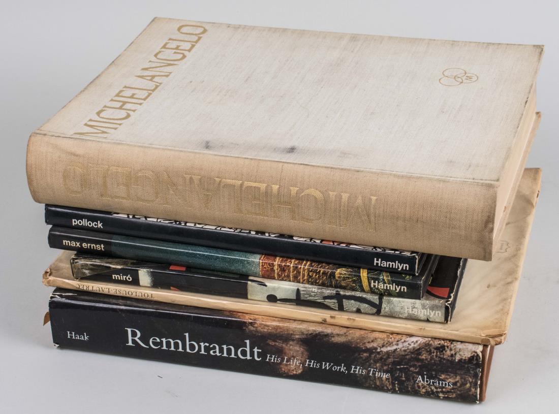 Miscellaneous Group of Art Books: Six books, various authors and subjects including Michelangelo, Miro, Pollock, Max Ernst, Toulouse Lautrec, and Rembrandt. Notice to bidders: Condition reports and additional photographs are provided
