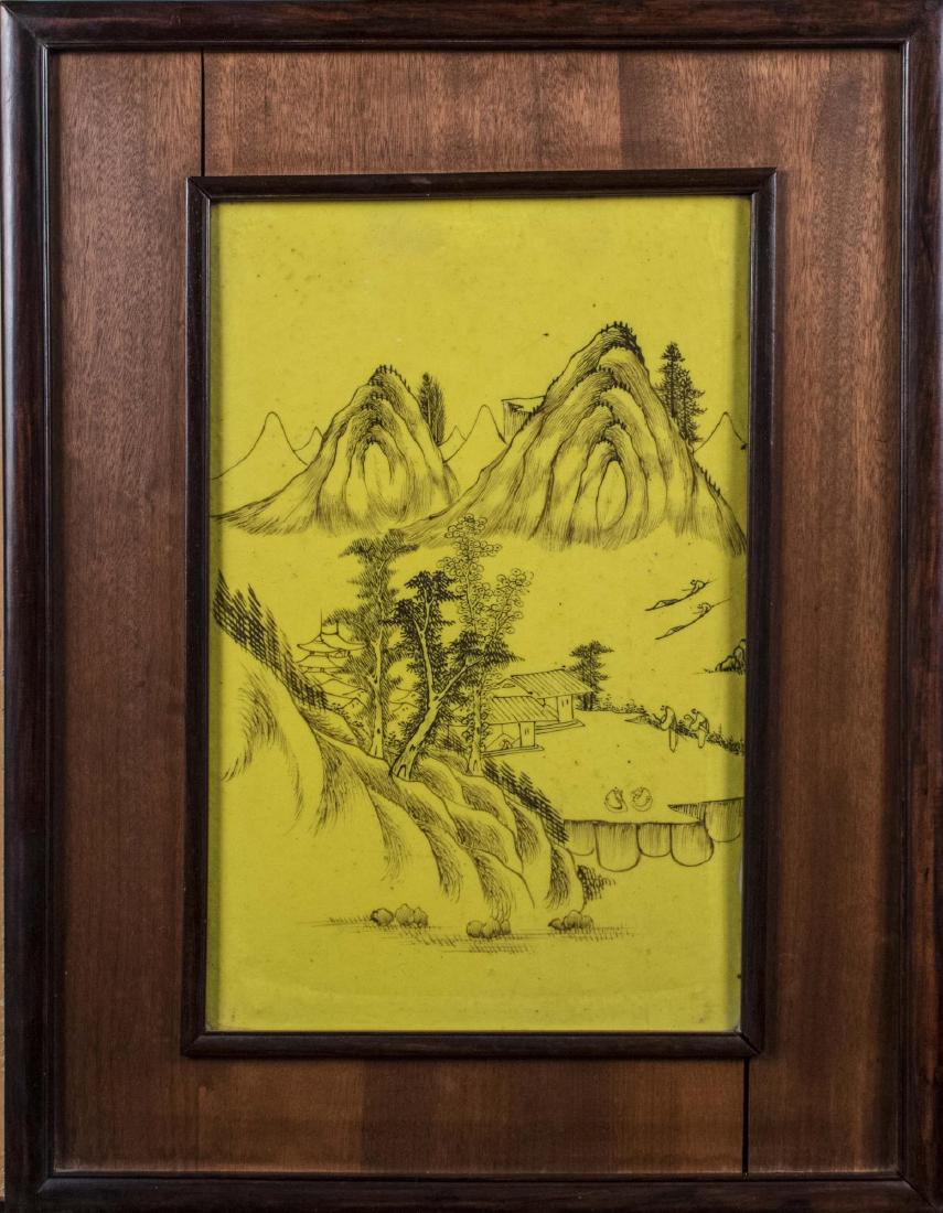 Chinese Ceramic Tile Picture: Depicting a mountain landscape with figures. 22 1/2 x 17 1/2 inches, framed. Notice to bidders: Condition reports and additional photographs are provided by request as a courtesy to our clients, as su