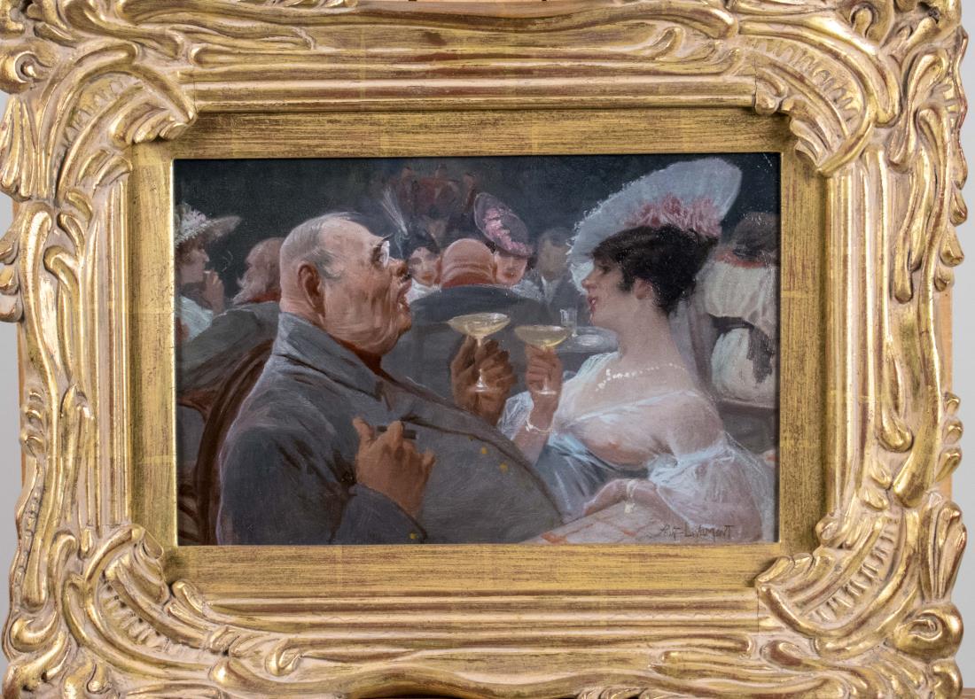 Henri Privat-Livemont (Belgian, 1861-1936): The Toast and an After Dinner Coffee. Oil on panel. Signed (LR). Canvas size 9 x 14 inches. Sight size 8 1/2 x 12 1/2 inches, frame size 15 x 20 inches. Framed. Provenance: Galerie Michael in Beverly