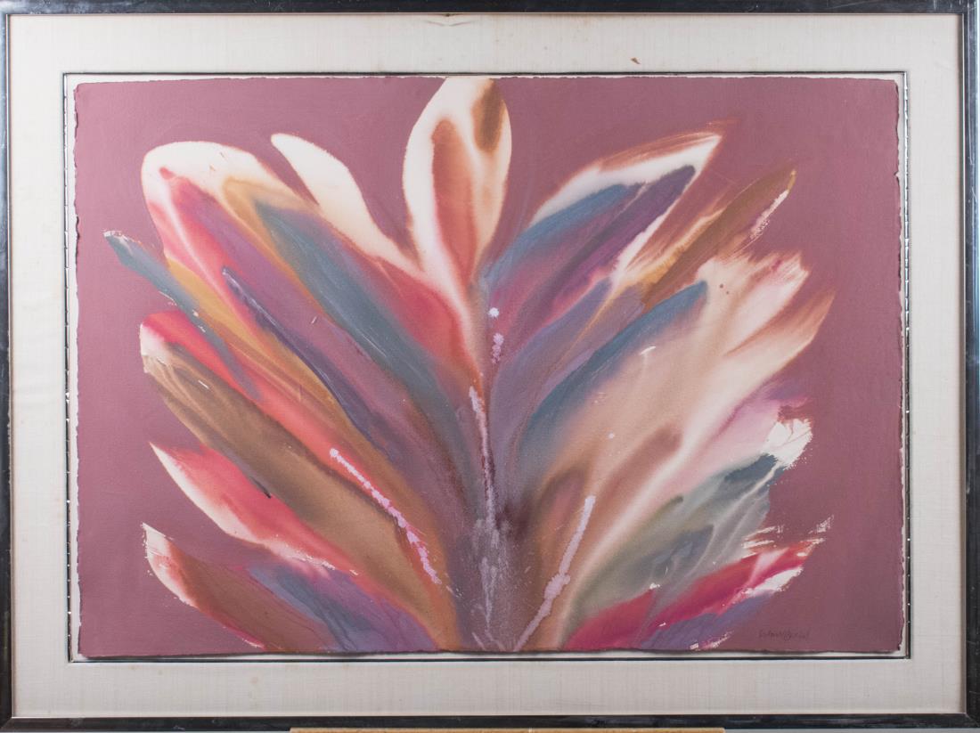 Color Field Painting (20th Century): Reminiscent of Morris Louis' Color Field painting technique, this work has a wash-like effect. Paint on paper. Illegible signature in pencil (LR). Paper size, 29 x 41 1/2 inches, frame size 37 x 50 in