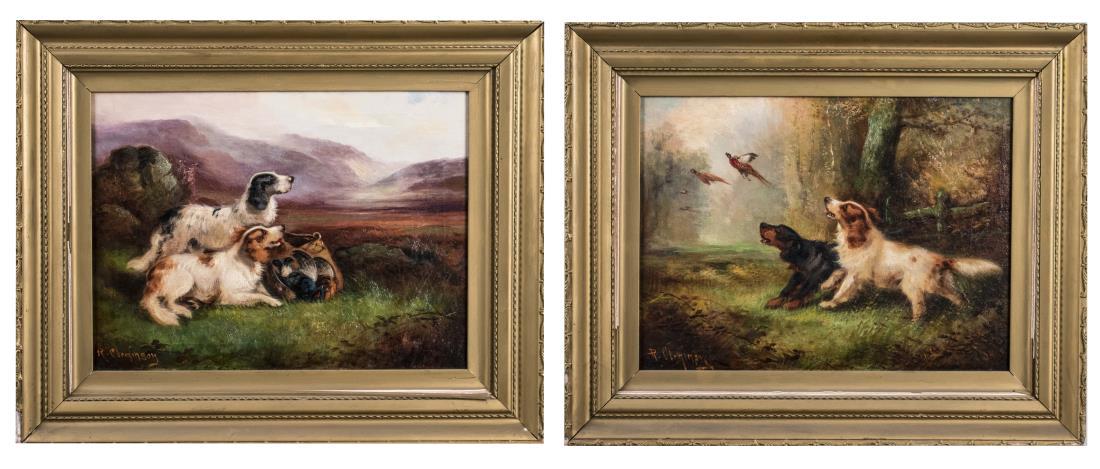 Robert Cleminson (British, 1844-1903): Pair of 19th century hunting scenes: Gordon Setter and English Setter flushing out pheasants and pair of English Setters with the game bag after the hunt. Signed 'R. Cleminson' (LL). Oil on canvas. Fr