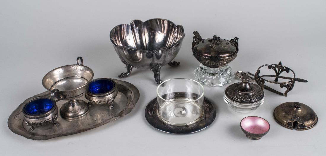 Group of Sterling & Silver Plated Articles: Including a sterling silver small tray, a pair sterling silver salt cellars with cobalt glass liners, a weighted silver pedestal sugar bowl, together with a silver on copper footed bowl, three glass a