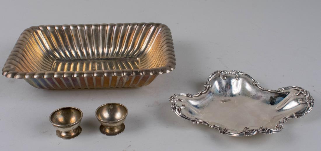 Group of Sterling Silver Articles: Comprising a Reed & Barton rectangular tray with gadrooned border, a pair of Mexican sterling silver salt cellars and a Willliam B. Kerr small tray. Reed and Barton dish, height 2 inches, width 9 inch
