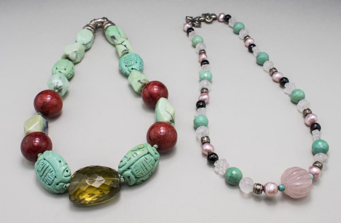 Two Gemstone Bead Necklaces: A single strand of carved turquoise and sponge coral beads accented with natural chrysoprase and a faceted lemon topaz, finished with a sterling silver clasp, length 16 inches; together with a rose qu