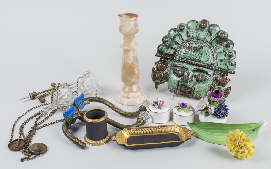 Miscellaneous Group of Decorative Articles: Including a carved alabaster candlestick, porcelain trinket boxes, a hammered copper Aztec style mask, etc. Various sizes. Notice to bidders: Condition reports and additional photographs are provided 