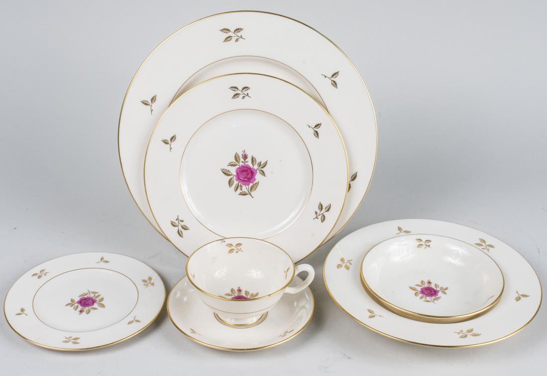 Lenox Porcelain Dinner Service: Approximately fifty one pieces, Rhodora pattern, comprising eight dinner plates, seven salad plates, seven bread plates, eight soup plates, seven fruit bowls, seven cups and seven saucers. Dinner plat