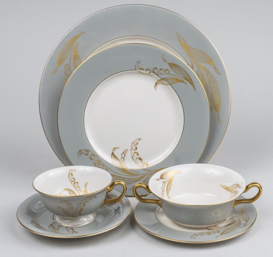 Castleton Porcelain Dinner Service: Approximately fifty six pieces, Valmere Grey pattern, comprising eight dinner plates, eight salad plates, eight bread plates, eight cream soup bowls, eight underplates, eight cups and eight saucers. D