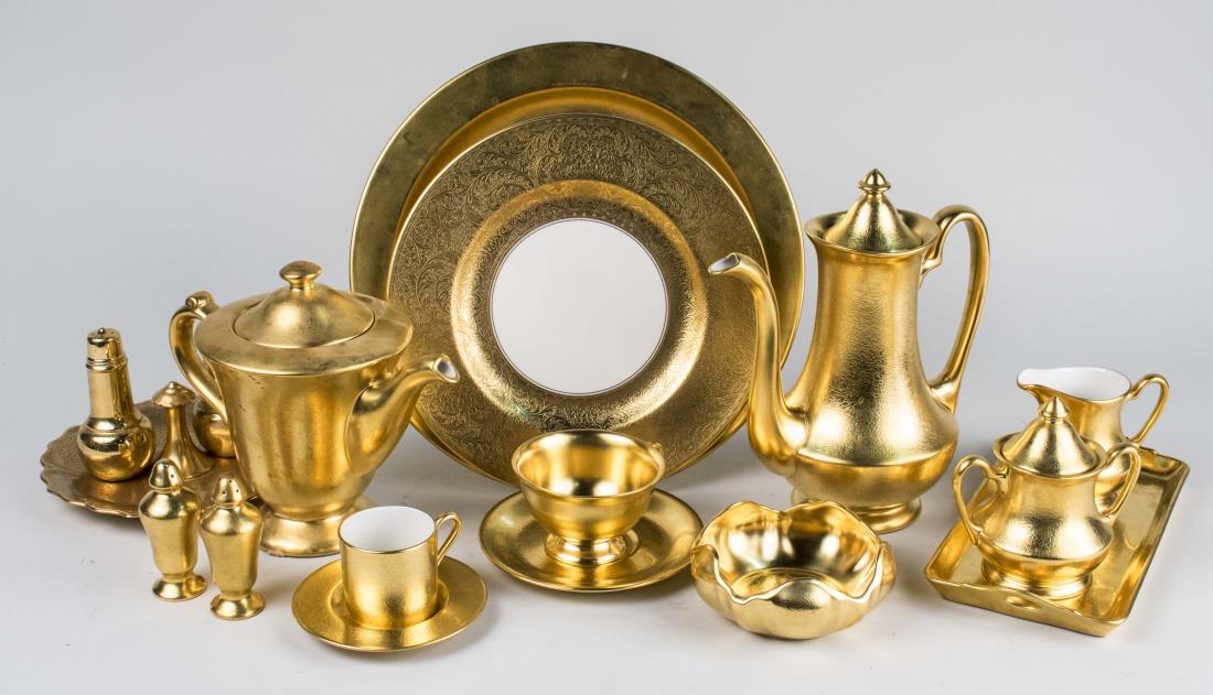 Pickard Porcelain Dinner Service: Approximately eighty pieces, Rose and Daisy pattern, comprising one charger, twelve dinner plates, twelve bowls, twelve cups, twelve saucers, twelve demitasse cups, twelve demitasse saucers, a serving