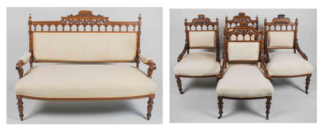Aesthetic Style Settee and Chair Suite: Comprising a settee and four matching chairs. Height 38 inches, width 51 inches, depth 29 inches. Notice to bidders: Condition reports and additional photographs are provided by request as a courtesy