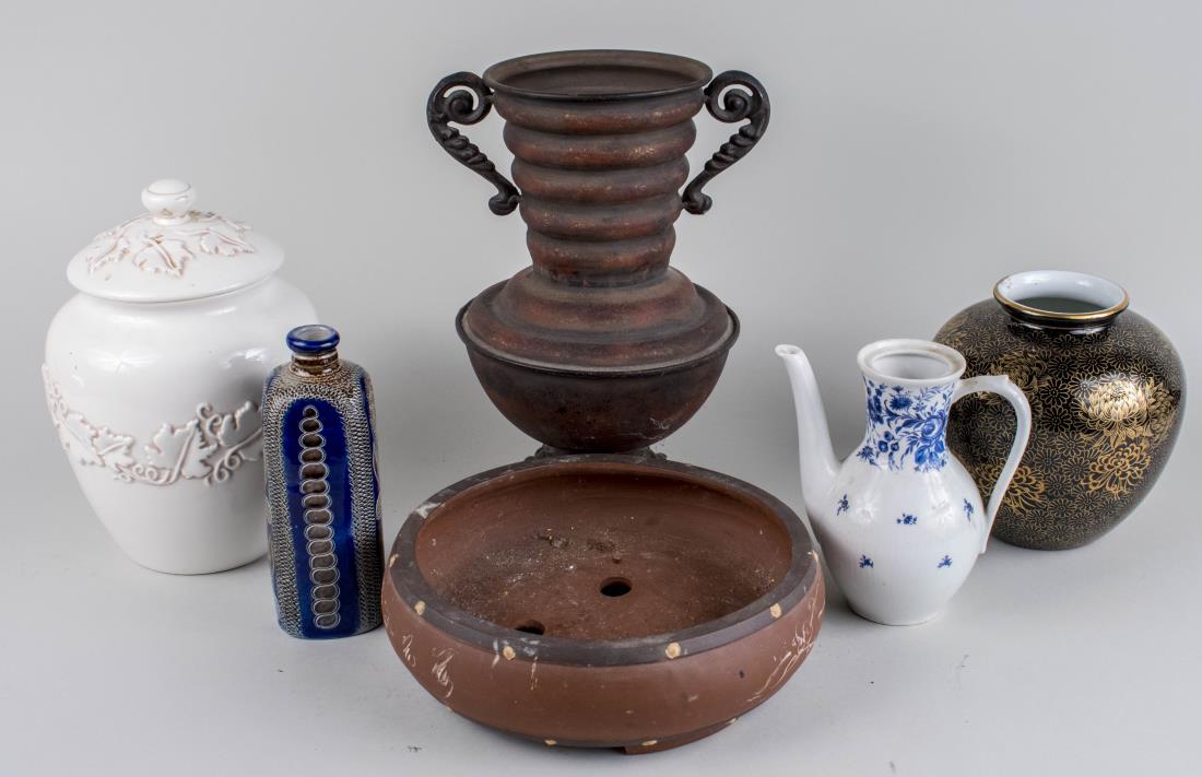 Miscellaneous Group of Table Decorations: Including a Chinese white ceramic covered jar, a Noritake porcelain jar vase, a German stoneware wine bottle, a German porcelain coffee pot (missing lid), and a metal Asian style vase. Metal vase, hei