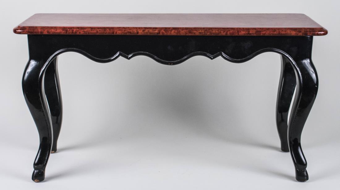 Black Painted Bench / Coffee Table: Grain painted top on black painted base. Height 16 inches, width 31 inches, depth 12 inches. Notice to bidders: Condition reports and additional photographs are provided by request as a courtesy to ou