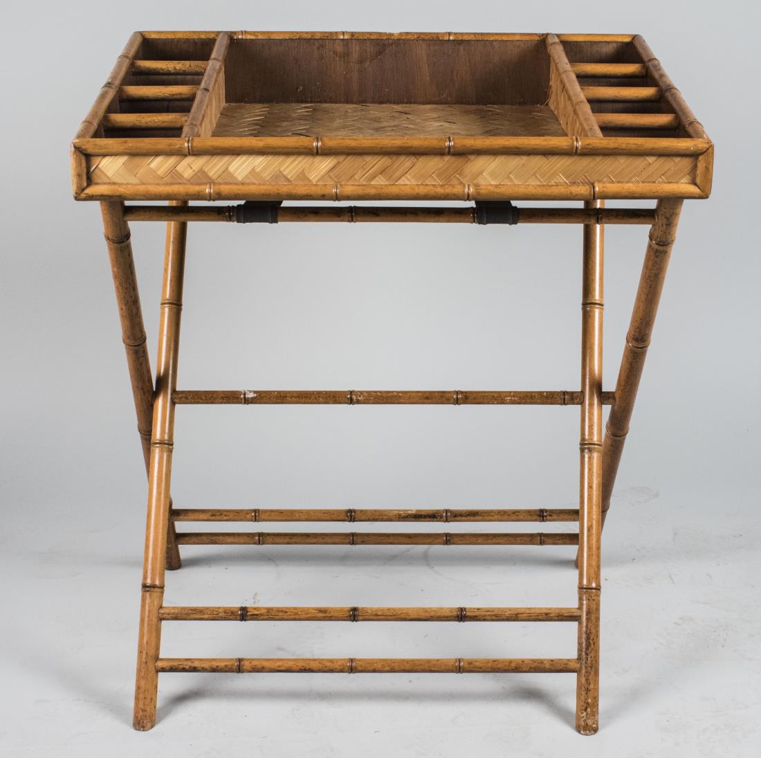 Faux Bamboo Folding Bar / Tray Table: Rectangular divided tray on a folding stand. Height 34 inches, width 30 inches, depth 21 inches. Notice to bidders: Condition reports and additional photographs are provided by request as a courtesy t