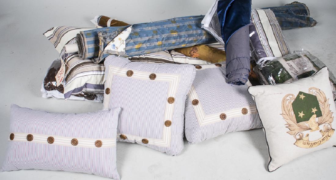Group of Soft Goods: Including throw pillows and bolts of fabric. Notice to bidders: Condition reports and additional photographs are provided by request as a courtesy to our clients, as such any condition report is only 