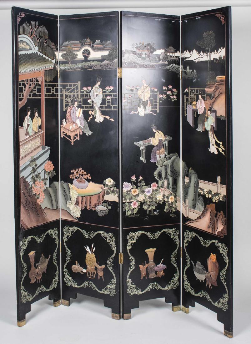 Chinese Coromandel Floor Screen: Four black lacquered panels decorated at the top with a landscape scene over figures and flowers in vases. Height 73 inches,panel width 16 inches. Notice to bidders: Condition reports and additional p