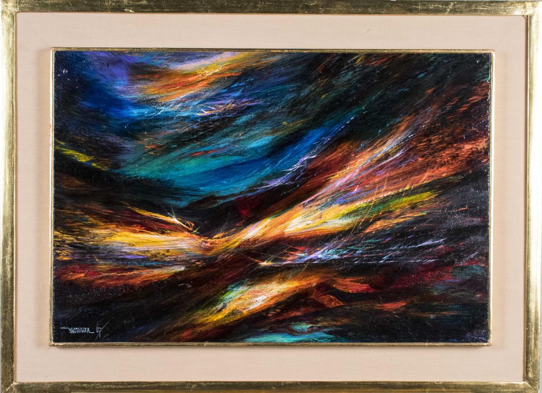 Leonardo Nierman (Mexican, b. 1932): Oil on board, 1967. Signed "Nierman 67" (LL). Frame size 21 3/4 x 29 1/2 inches, board size 16 1/4 x 24 inches. Framed. Provenance: Label affixed to verso: "CFH// Leonardo Nierman Mexico City Dec. '67