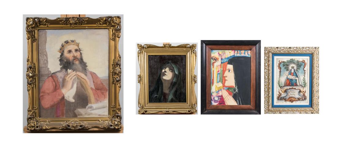 Four Religious Scenes: Devotional portrait of nun in habit praying with scenes from the mass to the left and above. Watercolor and graphite on paper. Signed "J.H. Goorop 1926". Sight size 14 1/2 x 10 1/2 inches, frame size 