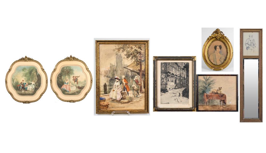 19th & 20th Century Works on Paper: Pair of prints by Arthur Leonard Cox (English, b. 1879): Gallant scenes of courtly love. Mezzotints. Signed "Arthur L. Cox' in pencil (LC). Frame size 26 x 25 inches. Matted and framed. Romantic scene