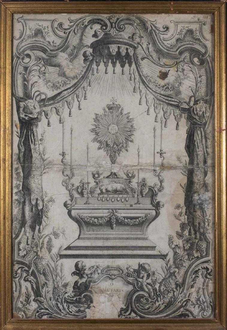 Antique Print with Cherubs, Lamb & Altar (19th C): Artist and printer unknown. Likely 19th century. Frame size 32 x 22 inches. Framed. Notice to bidders: Condition reports and additional photographs are provided by request as a courtesy to our clients