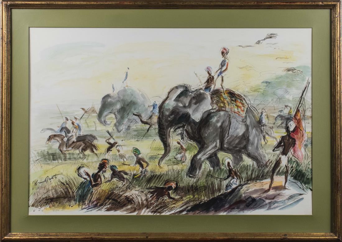 John Groth (American, 1908-1988) *: Scene with tribesmen hunting on elephants. Watercolor on paper. Signed 'John Groth' (LL). Sight size 25 x 38 inches, frame size 33 x 46 inches. Matted and framed. Provenance: Acquired by Owner at fund