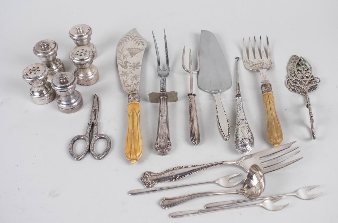Group of Sterling and Silver Plated Flatware: Including a Victorian silver plates fish serving set, Continental sandwich tongs, sterling handled carving fork and cake knife, 800 silver button hook, a sterling silver ladle, set of shakers and pepp