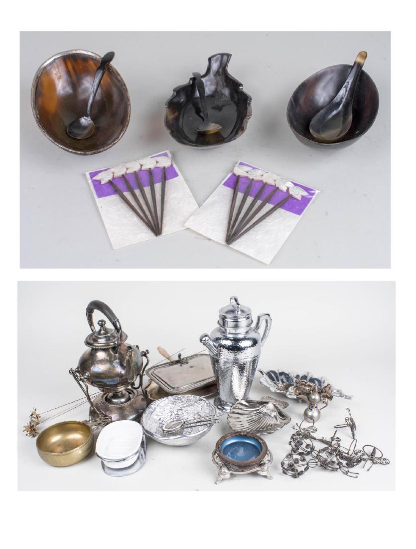 Group of Silver & Silver Plated Table Articles: Including a kettle on stand, flowers, shell dish, bowls, boxes flatware sets, horn dishes, etc. Kettle, height 11 inches. Notice to bidders: Condition reports and additional photographs are provided b