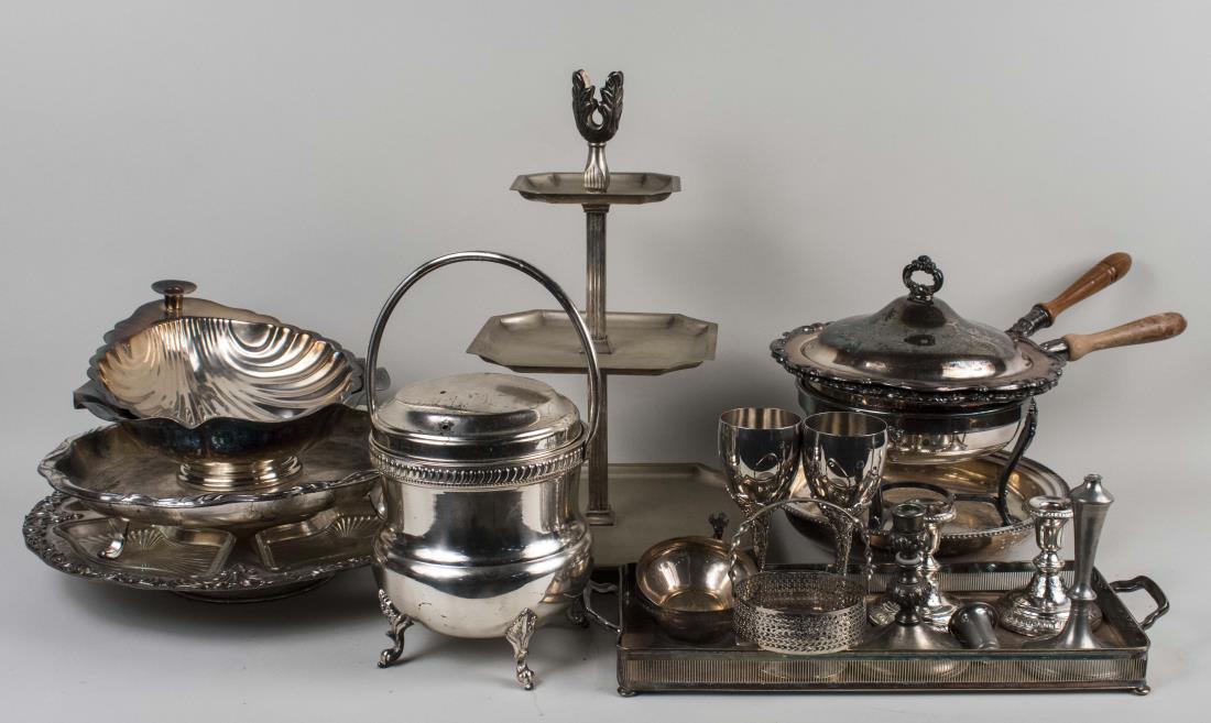Group of Silver Plated Articles: Including a three tier cake stand. Height 19 1/2 inches. Notice to bidders: Condition reports and additional photographs are provided by request as a courtesy to our clients, as such any condition rep
