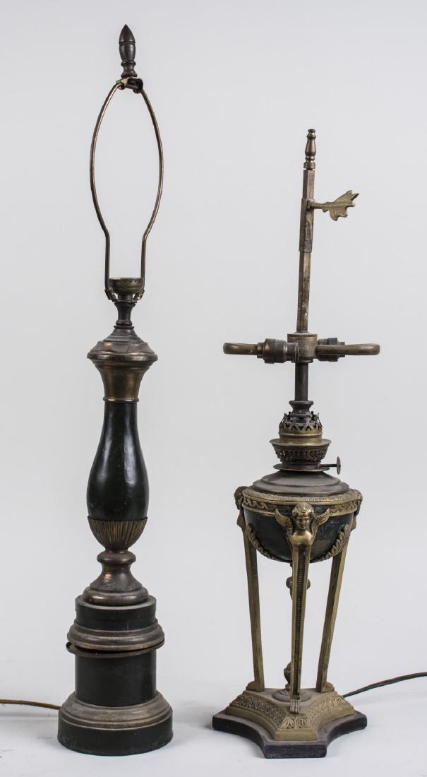 Two Table Lamps: One an empire style single light baluster form lamp, the other an empire style converted oil lamp. Oil lamp, height 23 inches. Notice to bidders: Condition reports and additional photographs are provi