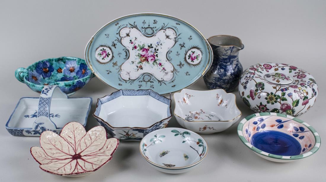 Group of Table Decorations: Including bowls, trays, jars, etc. Various sizes. Notice to bidders: Condition reports and additional photographs are provided by request as a courtesy to our clients, as such any condition report is 