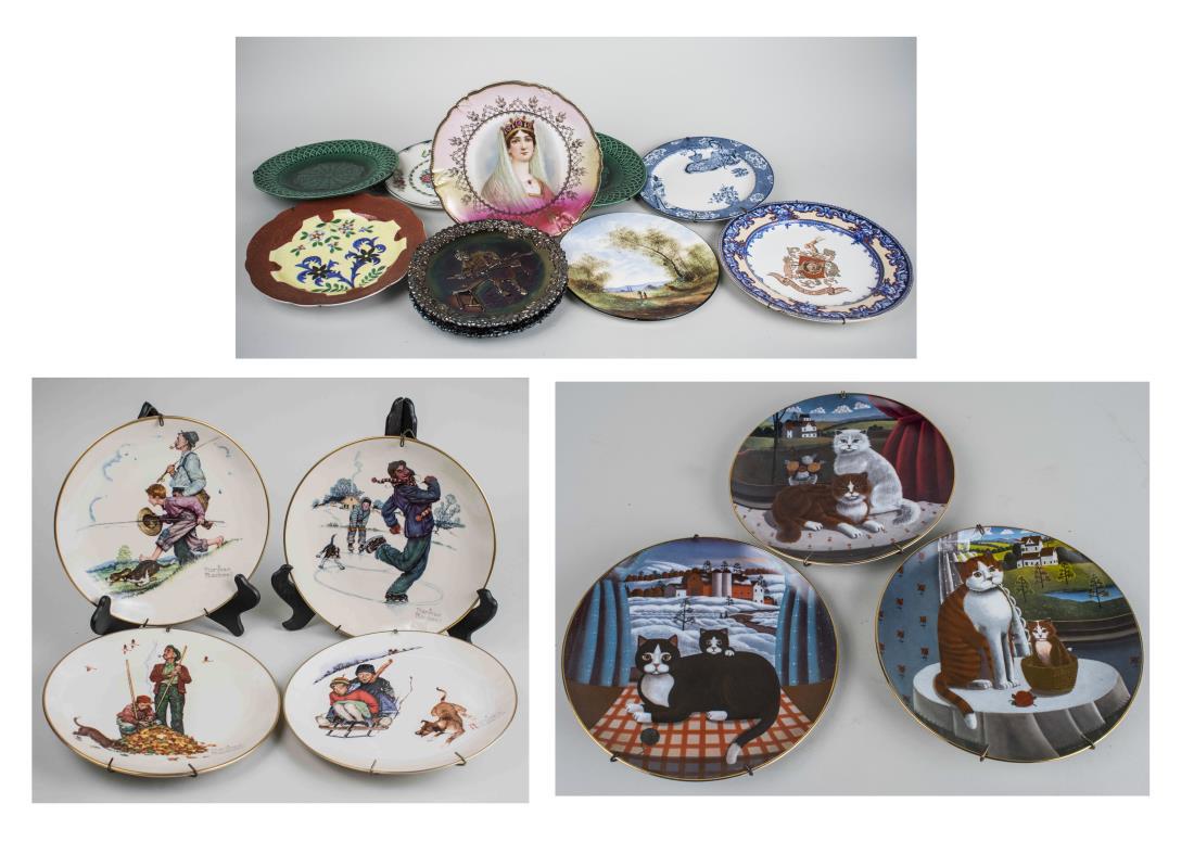 Set of Four Norman Rockwell Cabinet Plates: Including four Norman Rockwell cabinet plates by Gorham, 1972 limited edition, each with a selection from the Four Seasons series of 1949; together with three Steven Klein Cat Collector plates, and a
